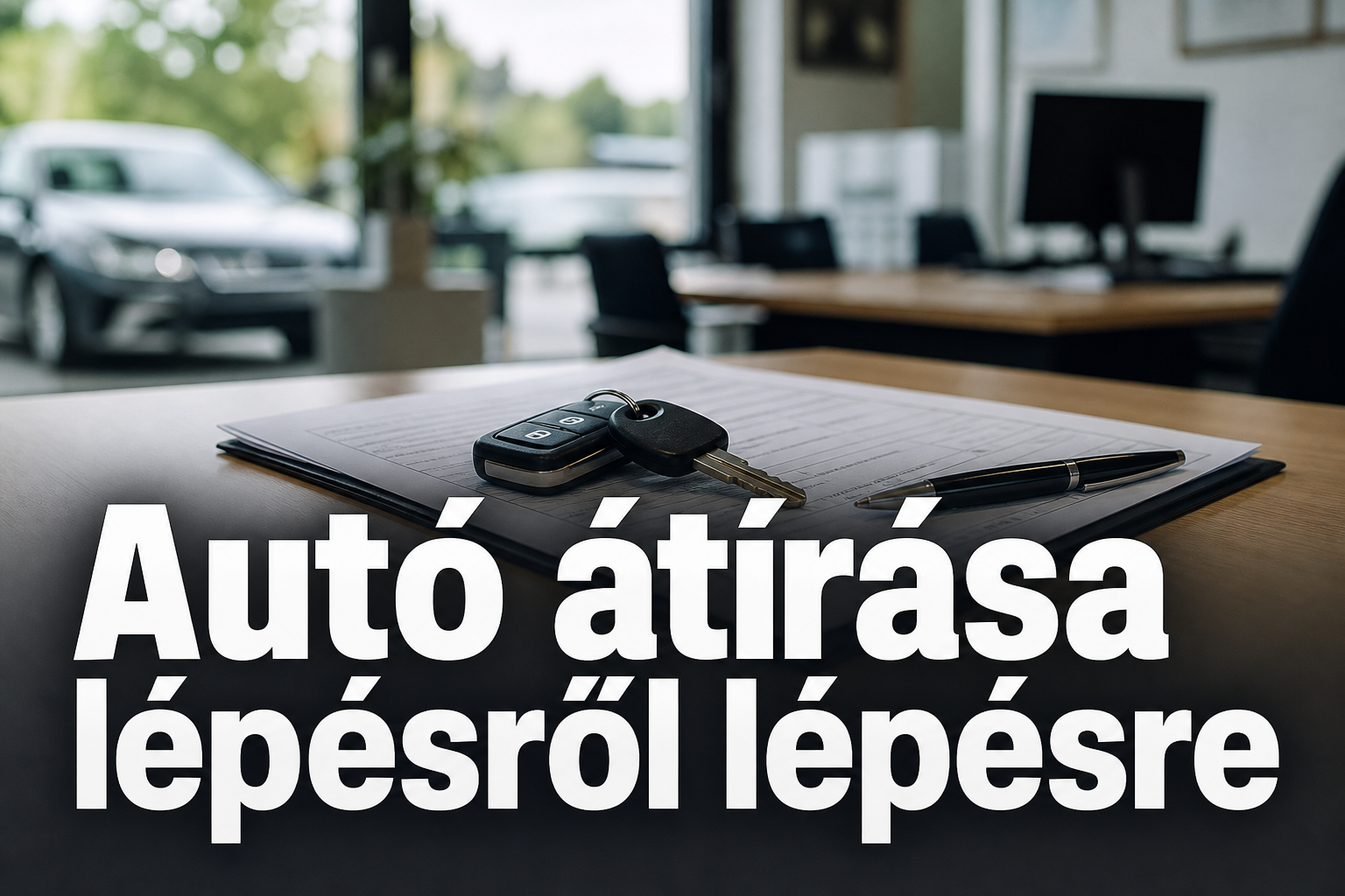 Autó-adásvételi papírok és slusszkulcs egy asztalon