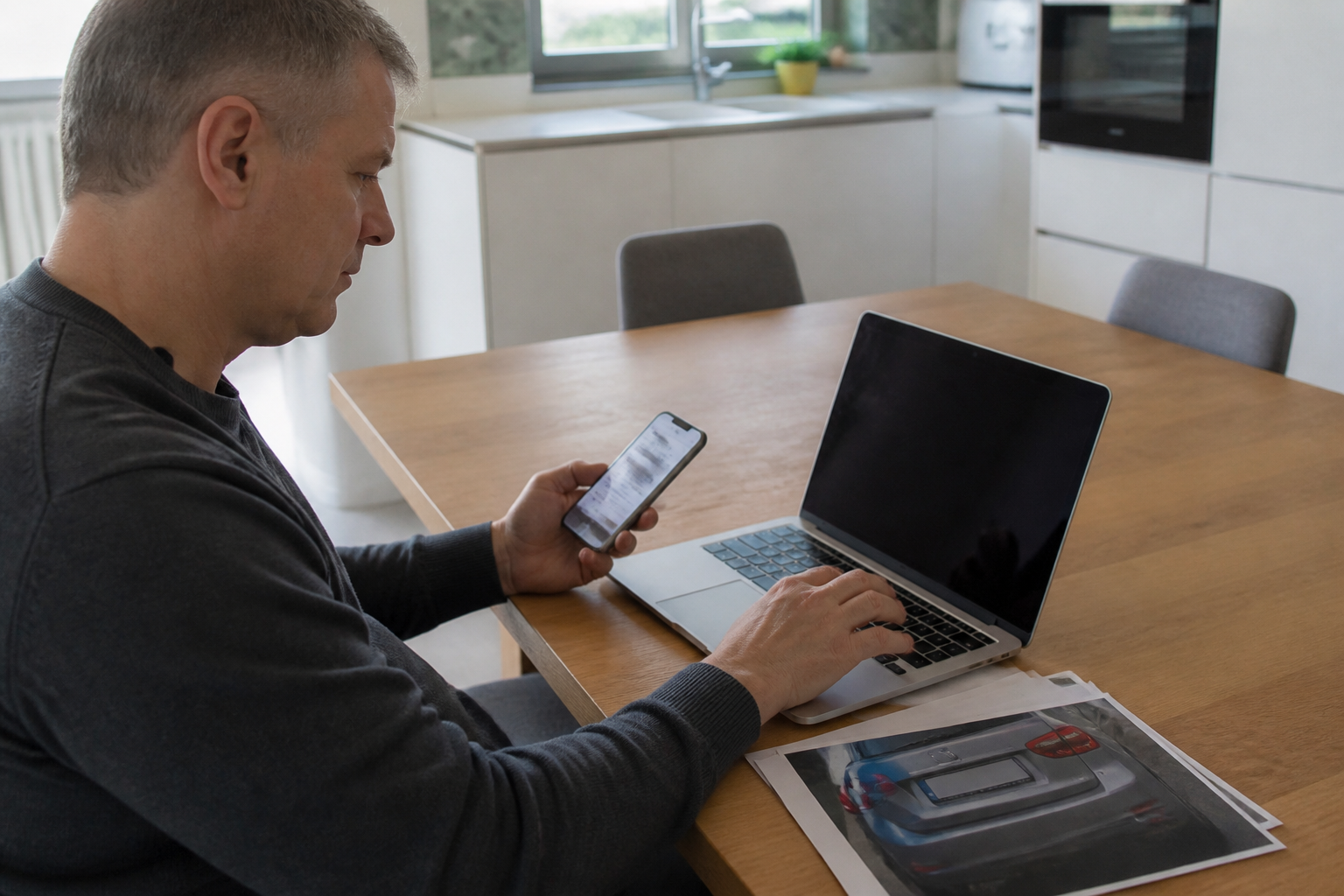 Otthoni rendszám-lekérdezés telefonon és laptopon, mellette papírok