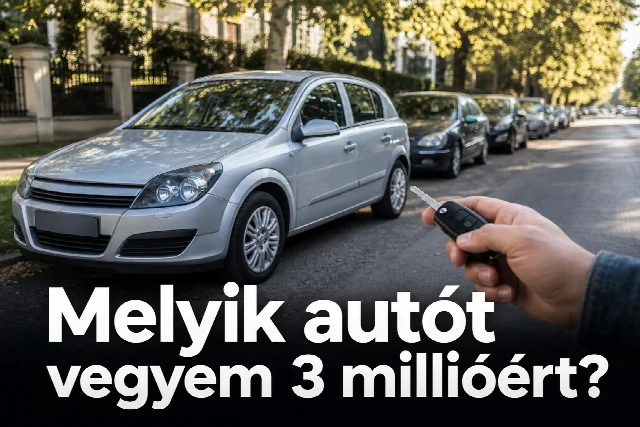 Gondozott használt kompakt autó napfényes utcán — használtautó-vásárlás 3 millió forintból