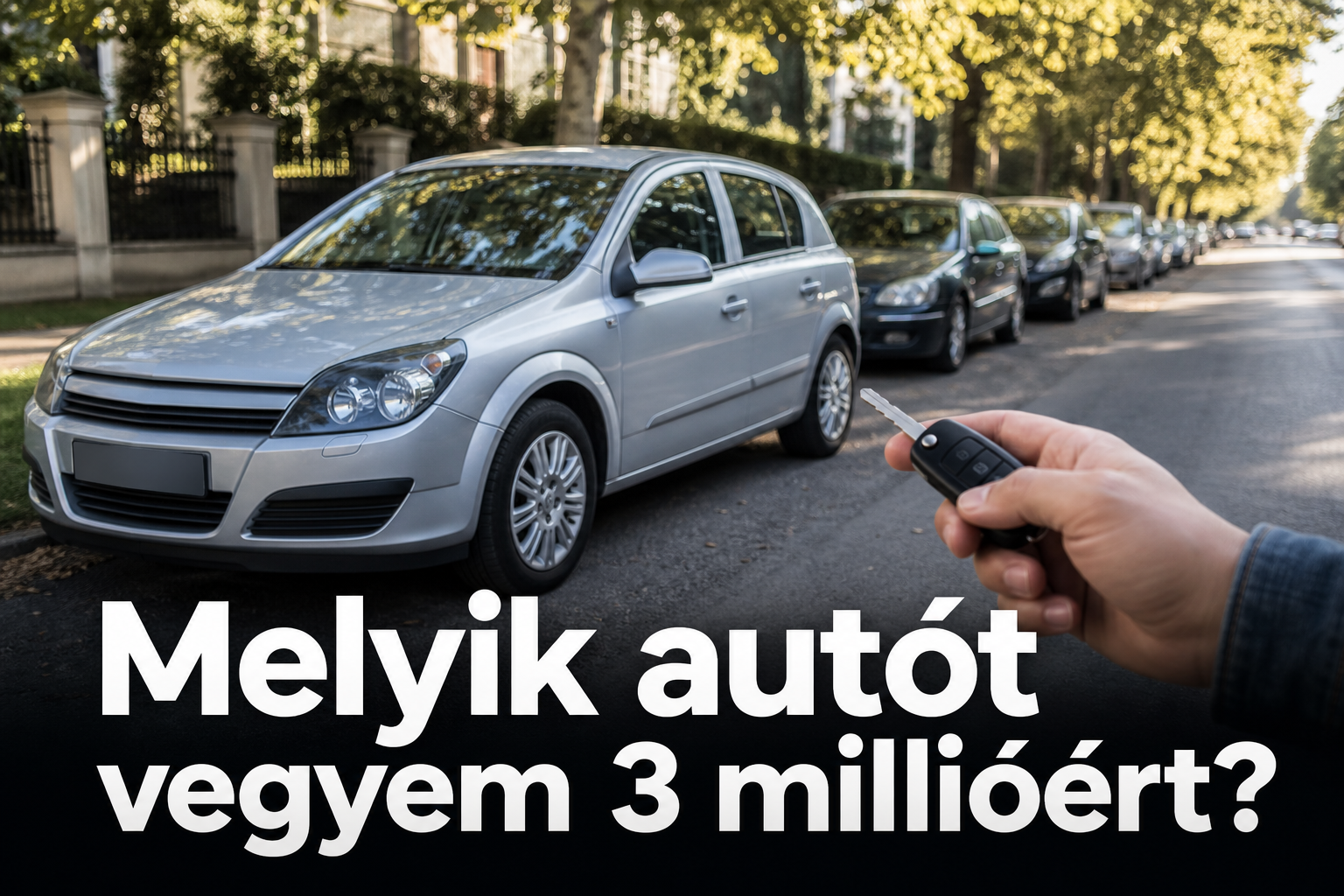 Gondozott használt kompakt autó napfényes utcán — használtautó-vásárlás 3 millió forintból