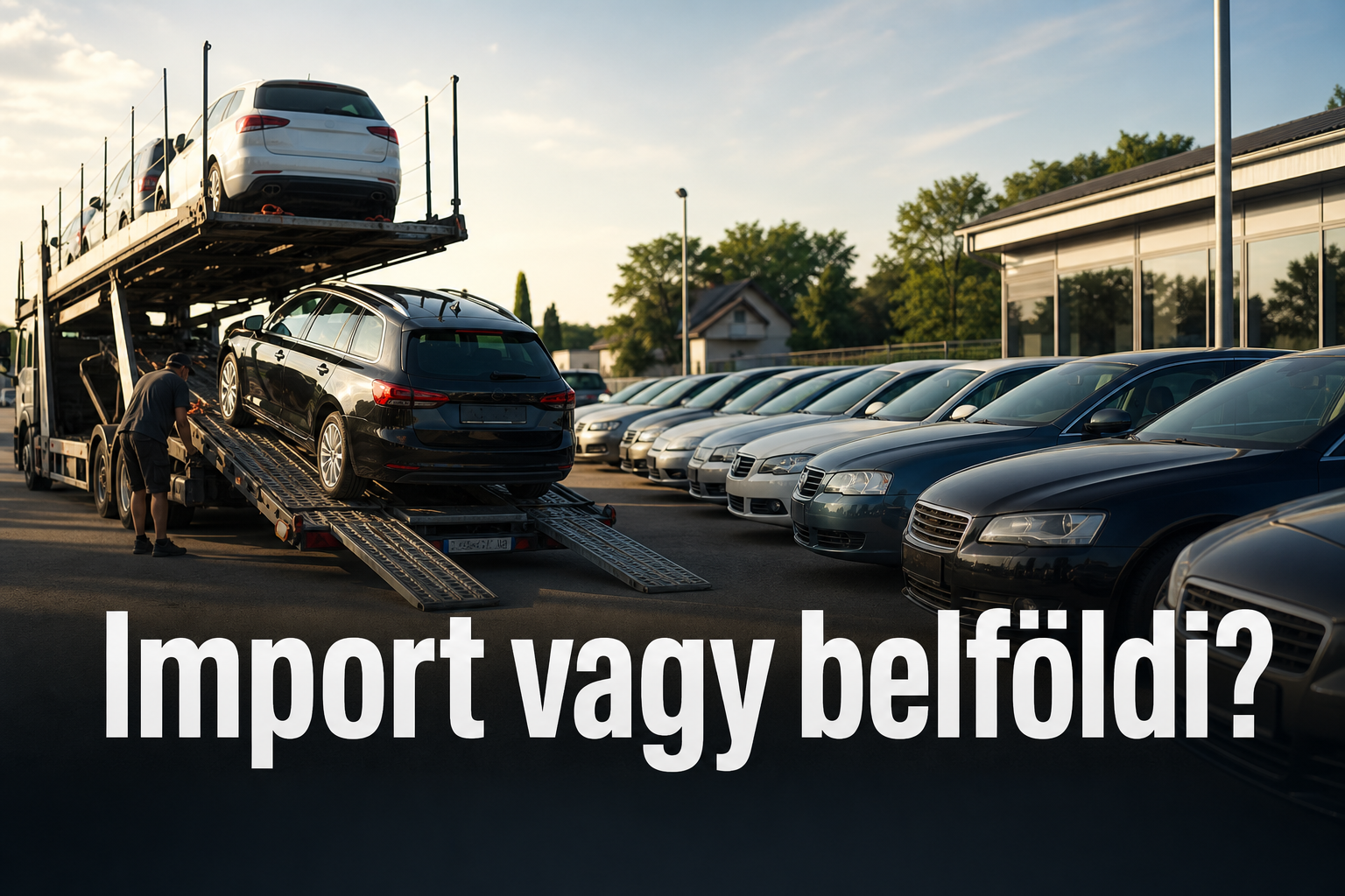 Autószállítóról leguruló külföldi autók és egy hazai használtautó-telep egymás mellett, nyári fényben