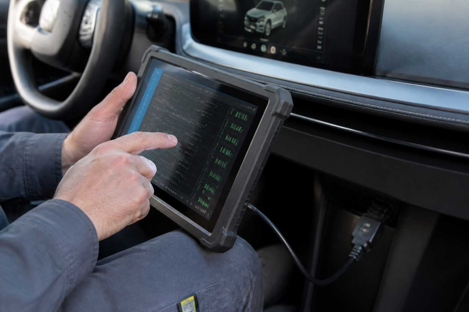 Diagnosztikai eszköz az elektromos autó OBD-csatlakozóján, a képernyőn cellaadatok