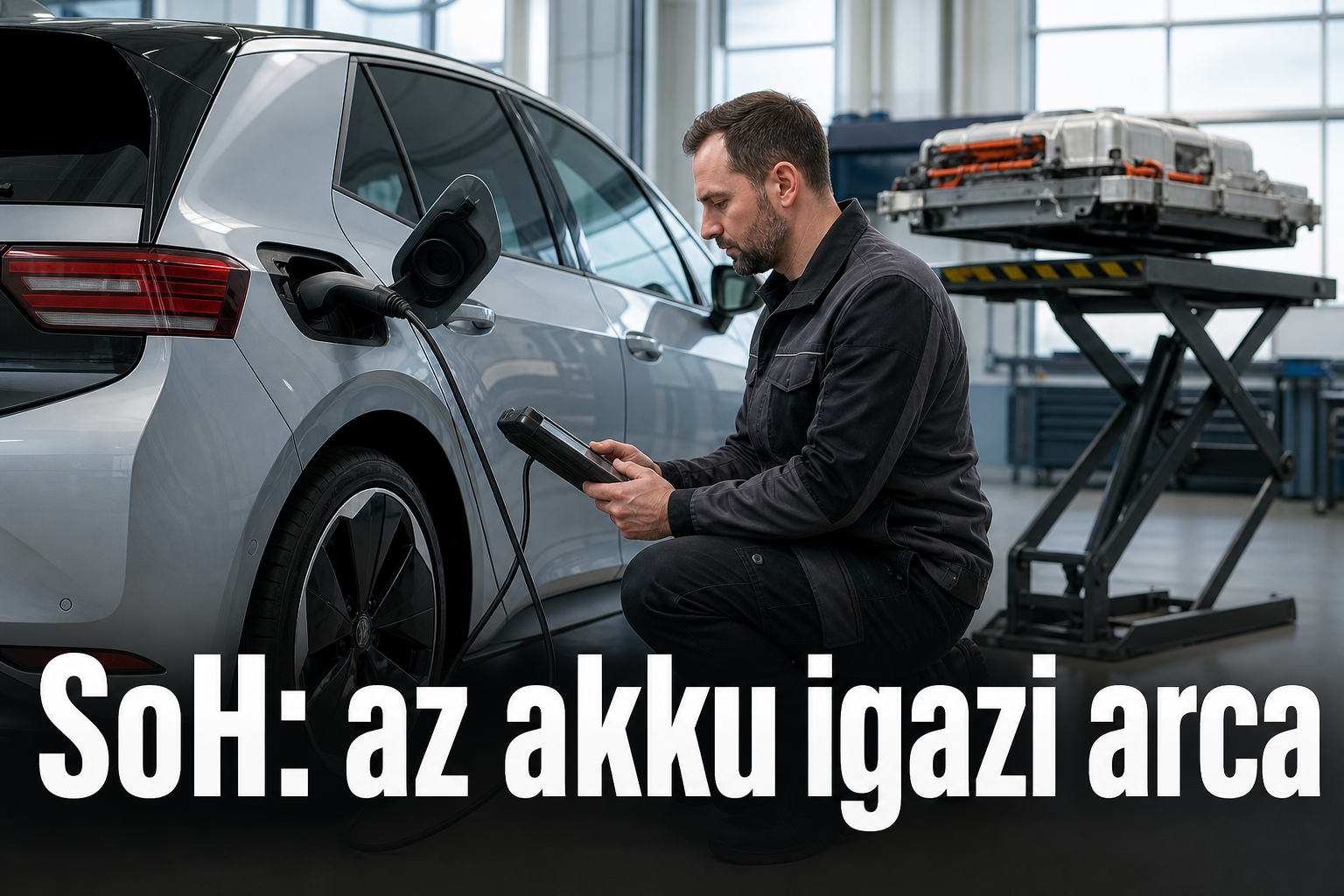 Szerelő diagnosztikai eszközzel vizsgál egy elektromos autót a műhelyben, háttérben emelőn az akkumulátorcsomag