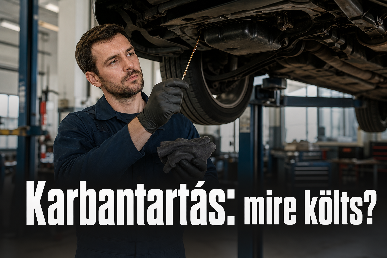 Szerelő olajszintet ellenőriz egy emelőn lévő autónál