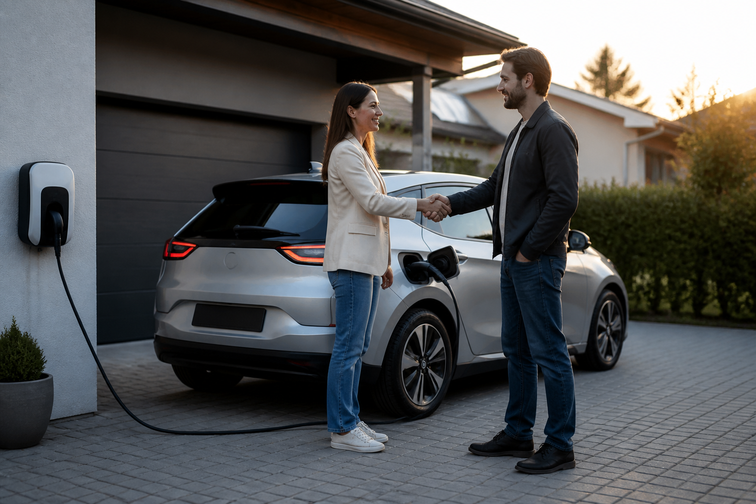 Vevő és eladó kézfogása egy töltőre kötött elektromos autó mellett