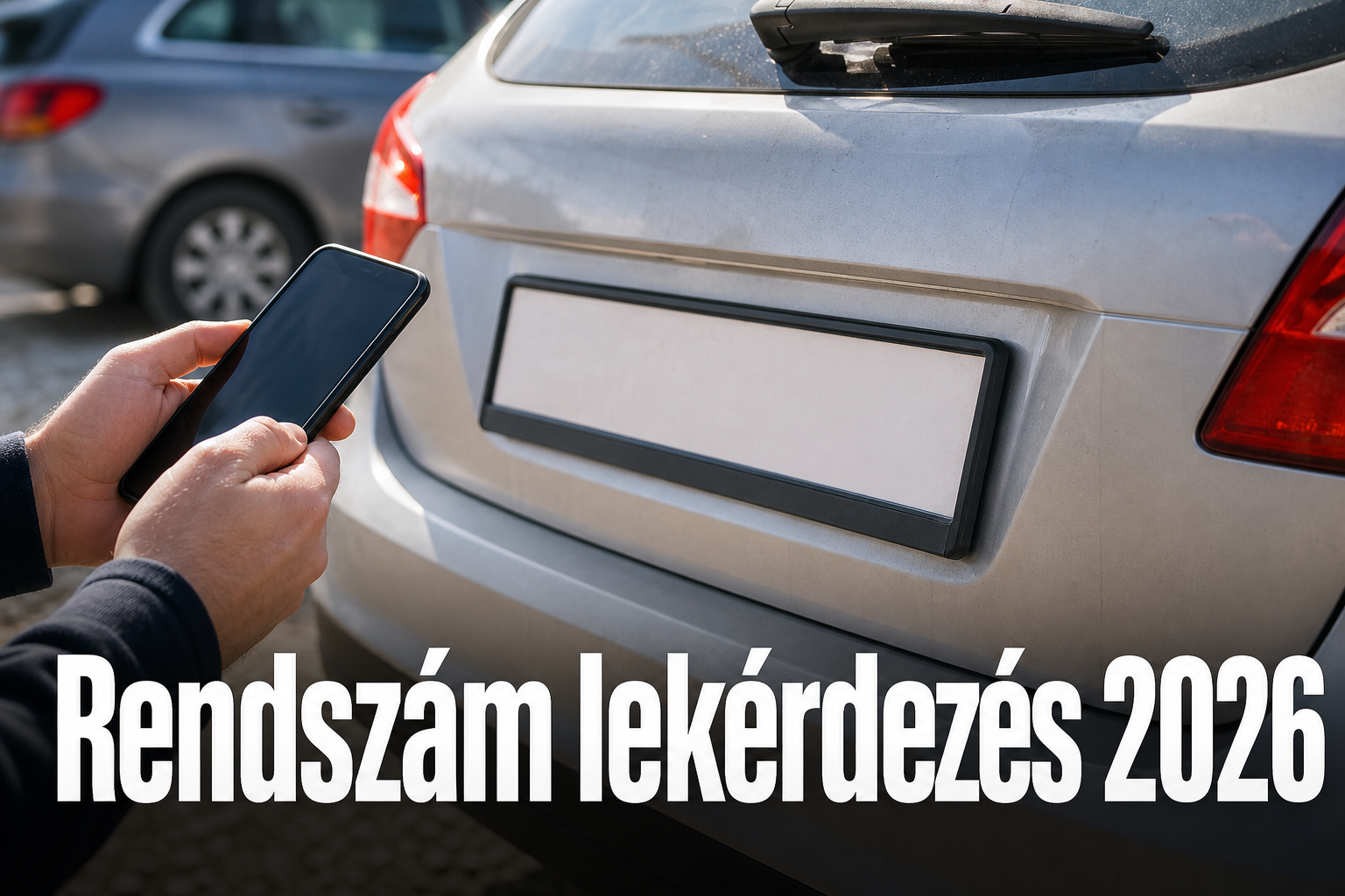 Autó hátsó rendszámtáblája mellett telefont tartó kéz egy napos parkolóban