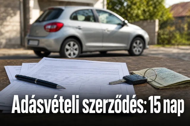 Faasztalon több példányban kinyomtatott autós adásvételi szerződés, toll, autókulcs és okmány, háttérben elmosódott személyautó