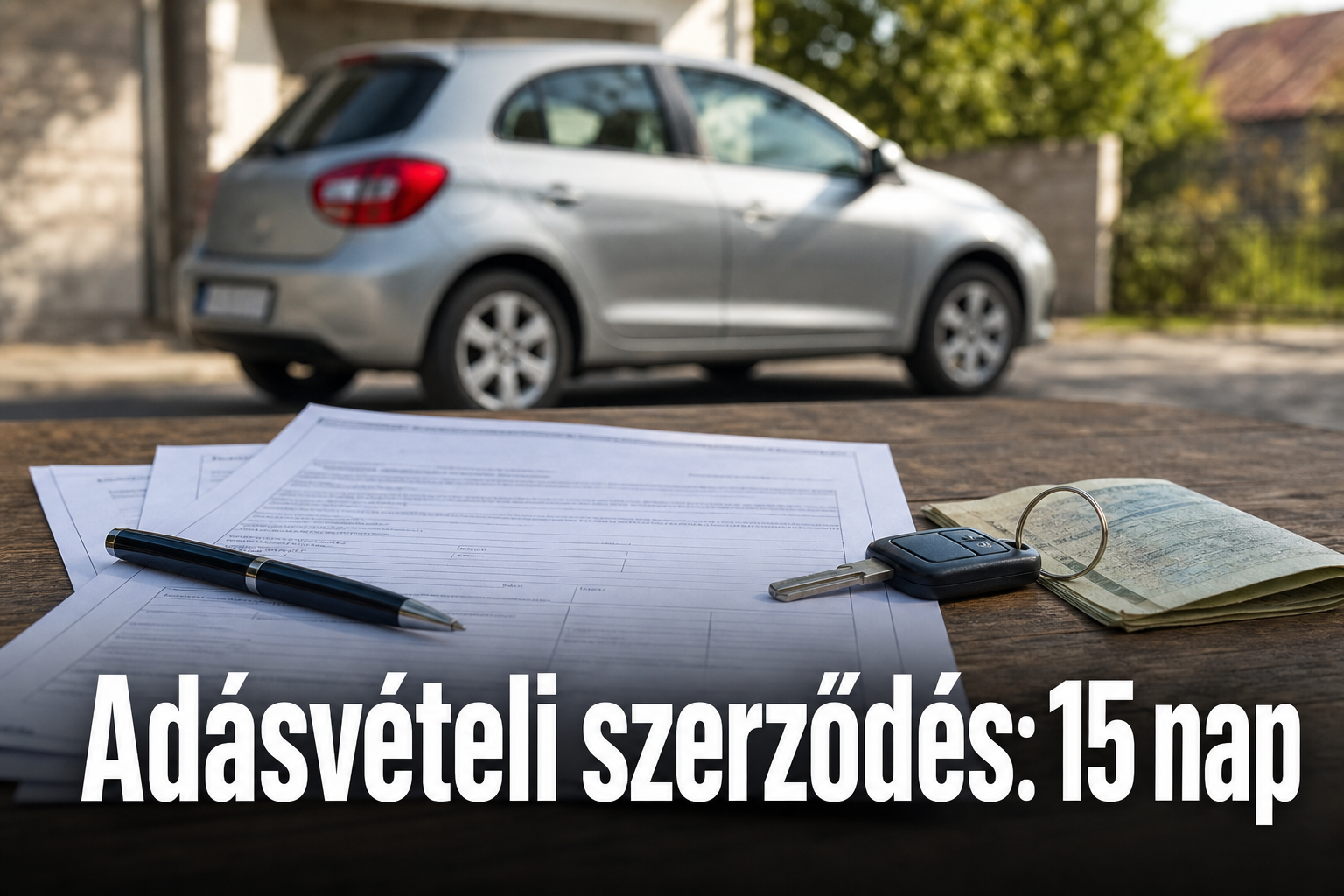 Faasztalon több példányban kinyomtatott autós adásvételi szerződés, toll, autókulcs és okmány, háttérben elmosódott személyautó
