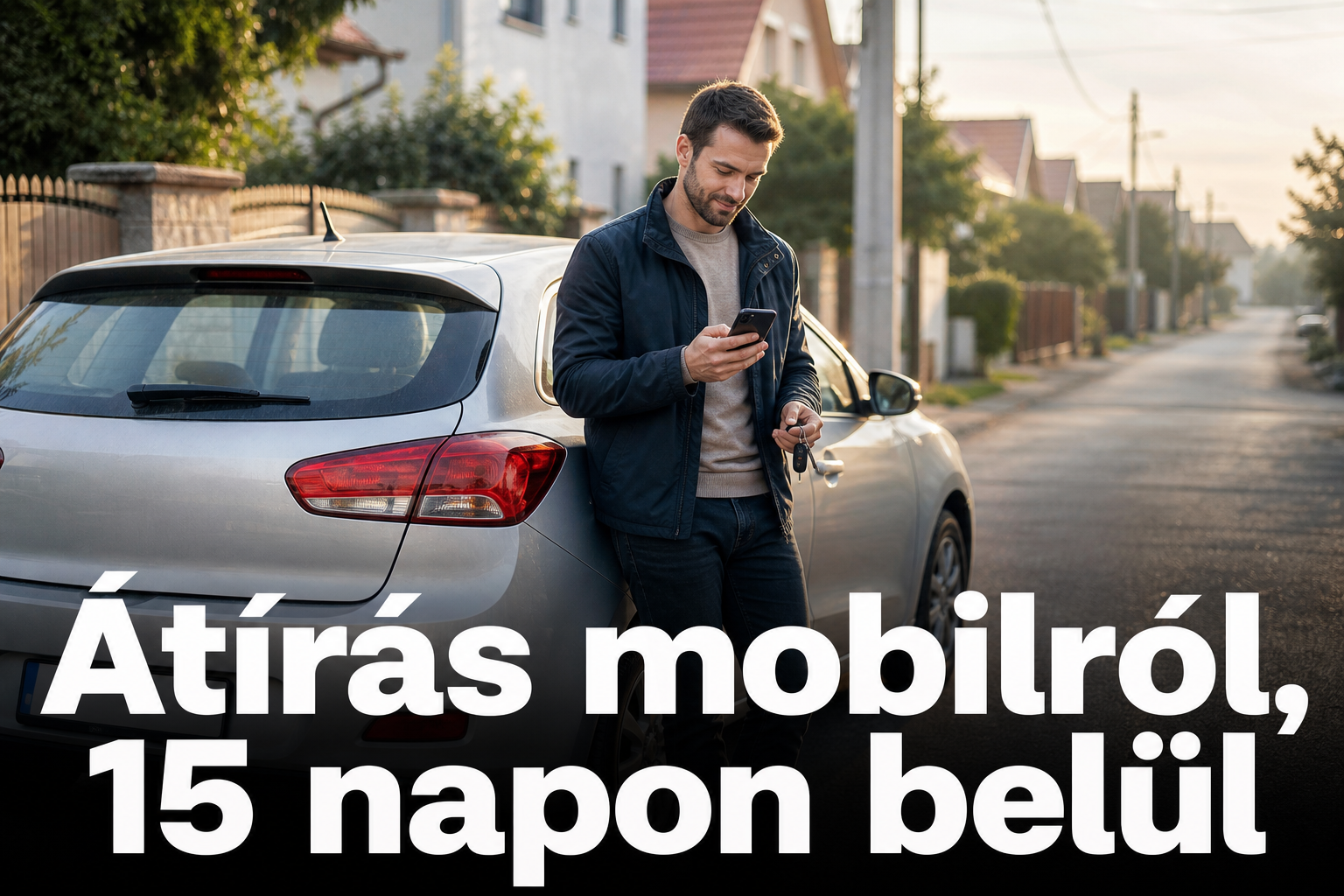 Fiatal férfi egy ezüst használt autó mellett áll az utcán, kezében okostelefon és autókulcs, a telefonon intézi az átírást