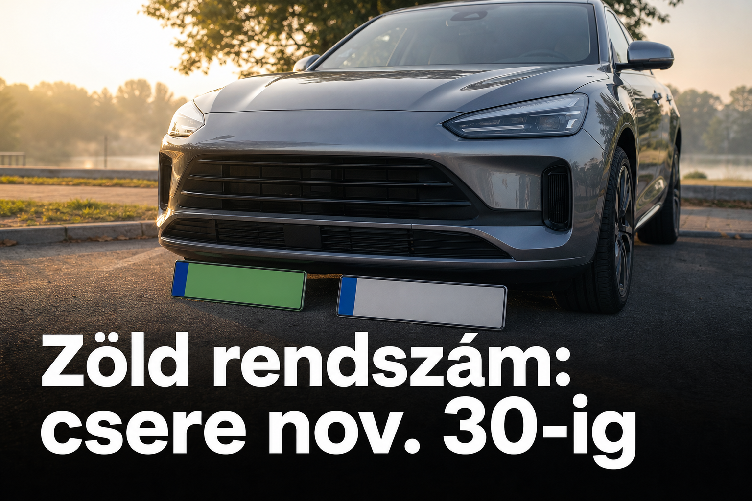 Zöld és fehér rendszámtábla egy plug-in hibrid autó lökhárítójánál — a csere illusztrációja