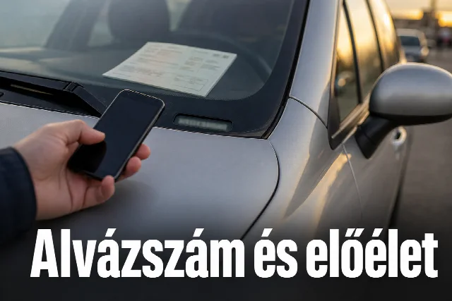 Kéz okostelefonnal egy ezüst használt autó szélvédője mellett, a szélvédő alatti alvázszám-tábla közelében