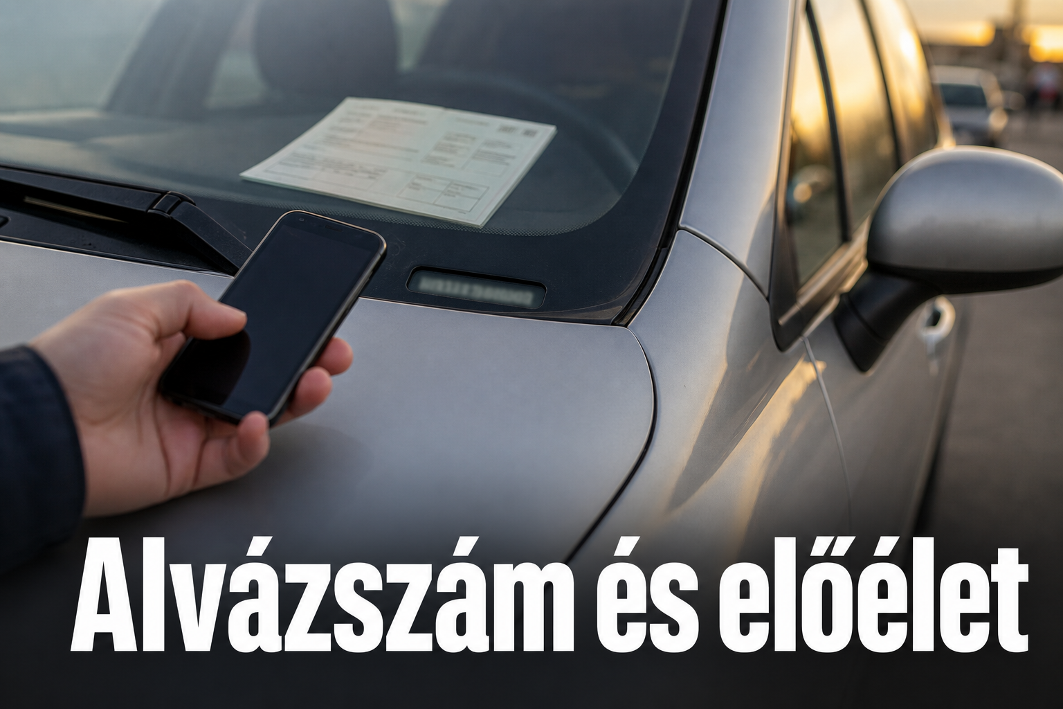 Kéz okostelefonnal egy ezüst használt autó szélvédője mellett, a szélvédő alatti alvázszám-tábla közelében