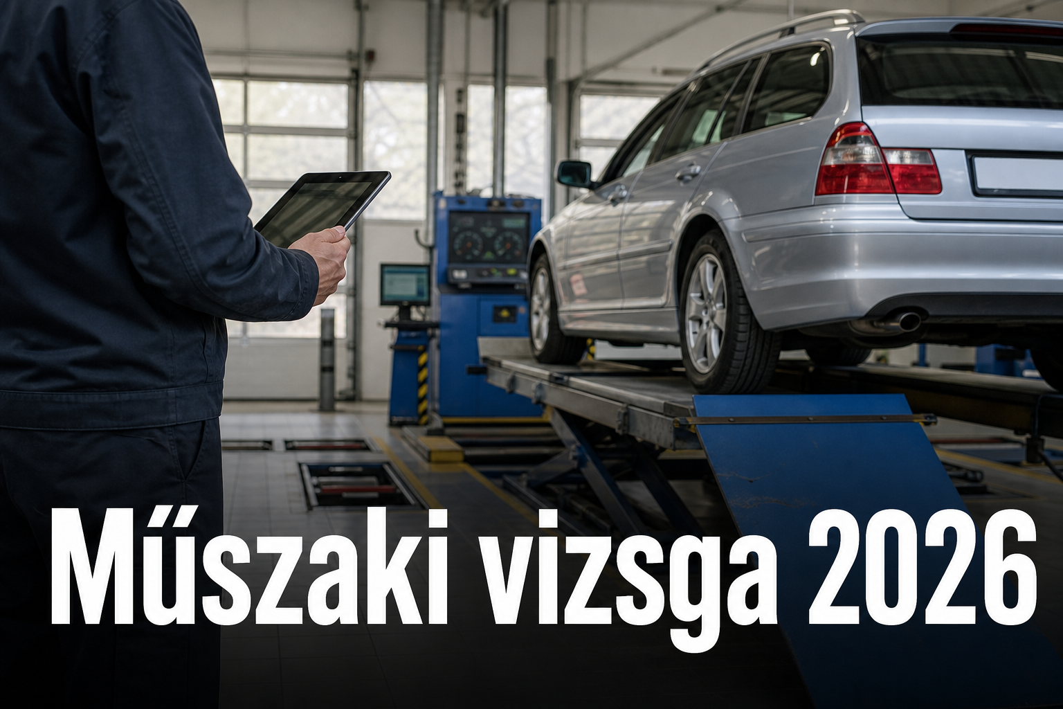Ezüst kombi személyautó emelőn egy műszaki vizsgaállomás csarnokában, a vizsgabiztos táblagéppel rögzíti az adatokat