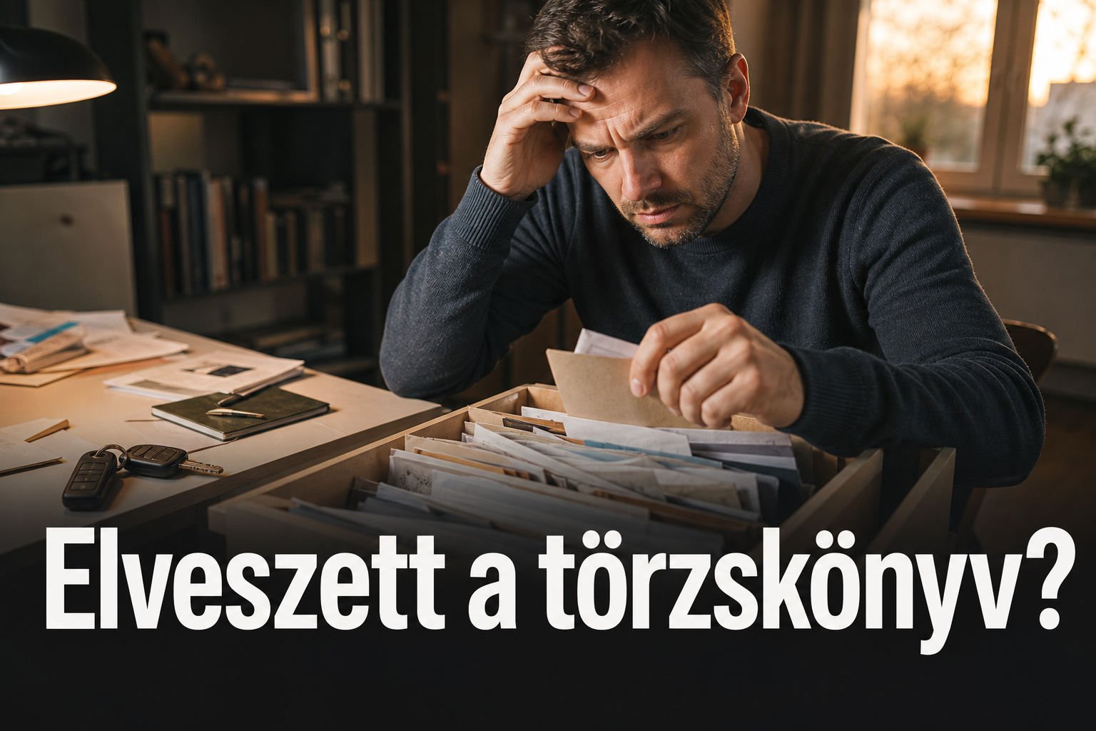 Egy ember az íróasztal fiókjában keresi az elveszett autós iratokat