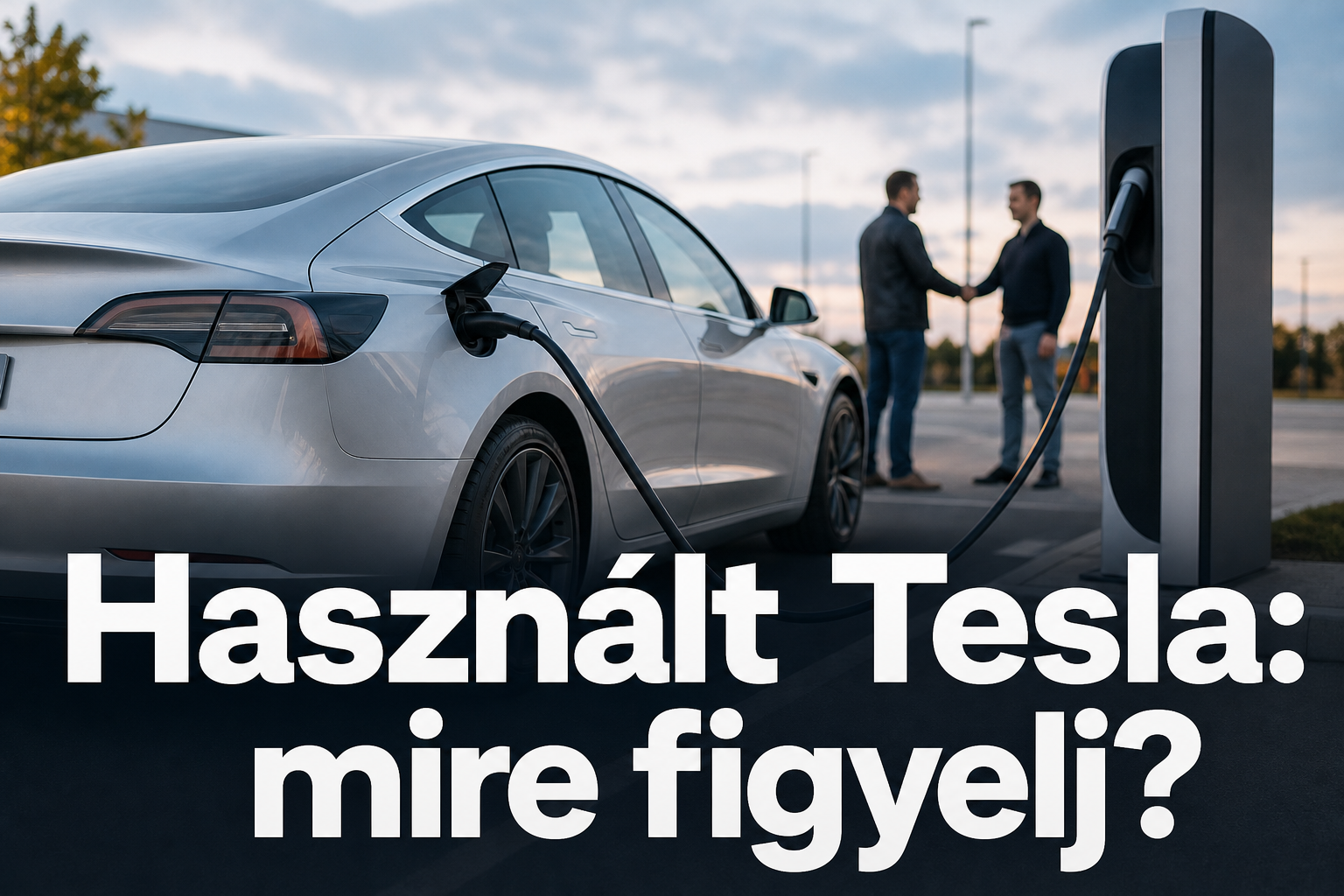 Ezüst elektromos szedán tölt egy gyorstöltő-állomáson alkonyatkor, háttérben kézfogás egy autóátadásnál