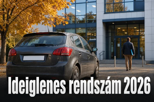 Sötétszürke használt autó üres rendszámtartóval egy ügyfélszolgálati iroda előtt ősszel