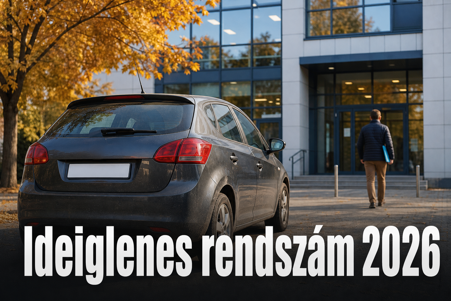 Sötétszürke használt autó üres rendszámtartóval egy ügyfélszolgálati iroda előtt ősszel